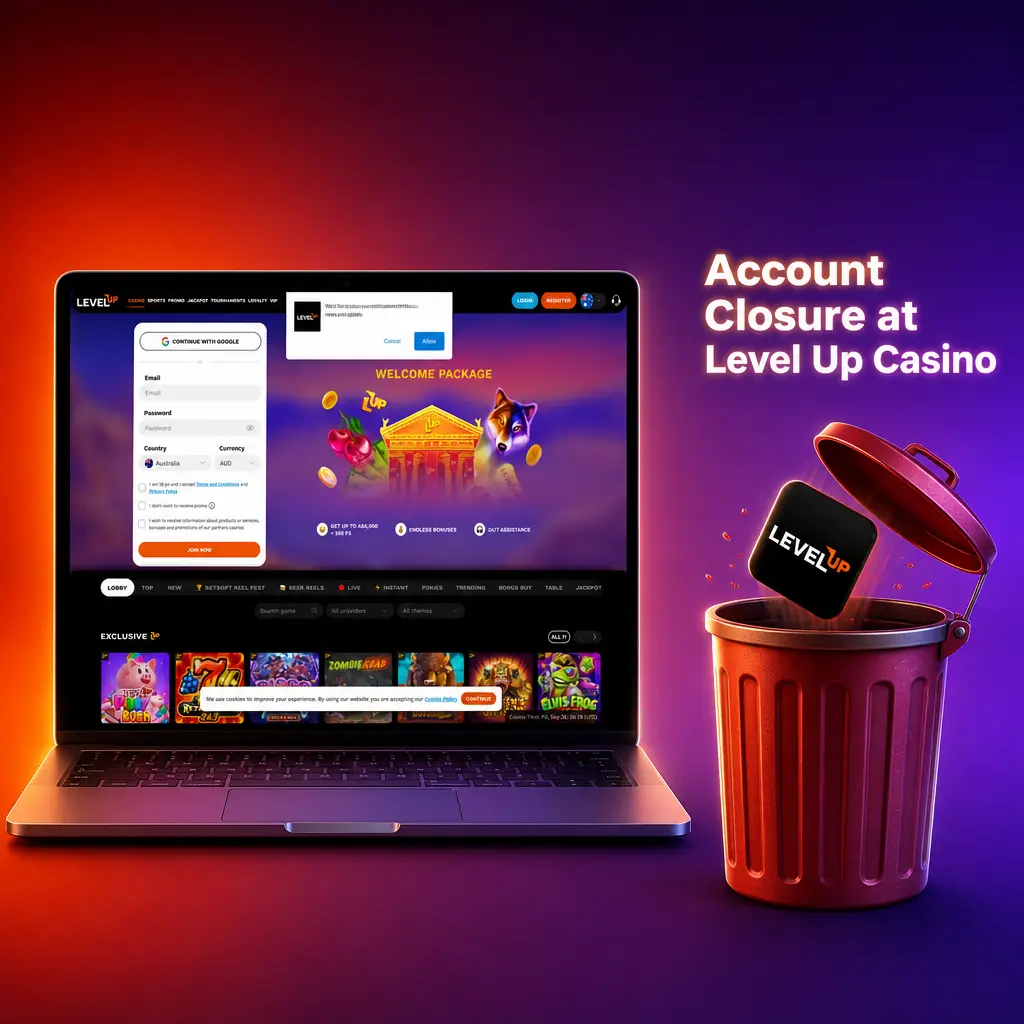 Steps to close a Level Up Casino account, including support contact, identity check, and closure options.