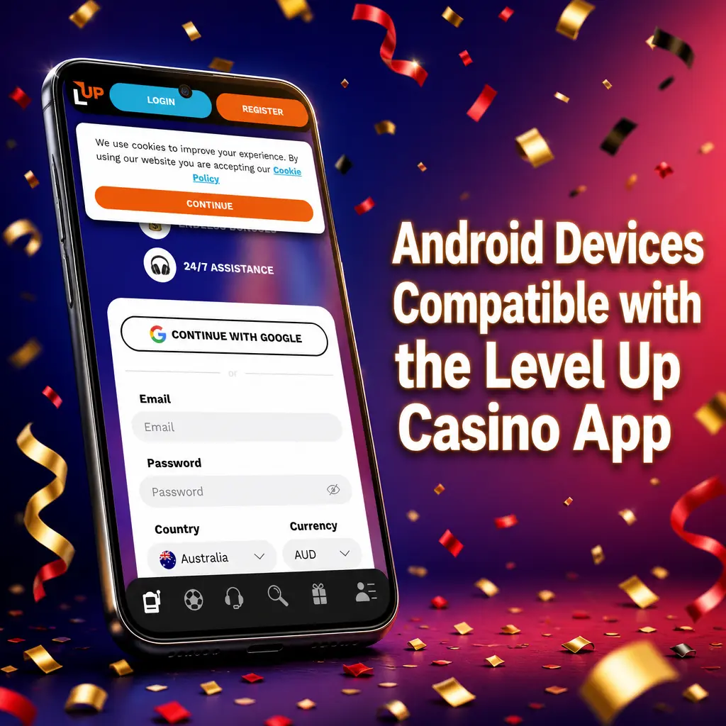 List of Android devices compatible with the Level Up Casino app, including Samsung Galaxy, Google Pixel, and OPPO models.