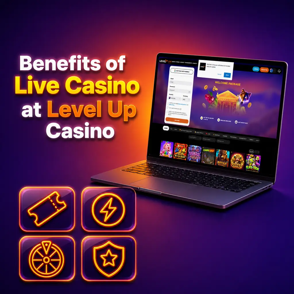 Live casino at Level Up Casino featuring human dealers, multiple camera angles, live chat, and flexible stake options for all players.