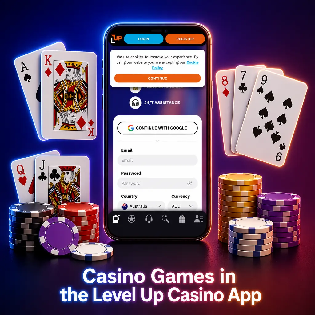 Level Up Casino app screen showing slots, blackjack, roulette, and live dealer games from top providers
