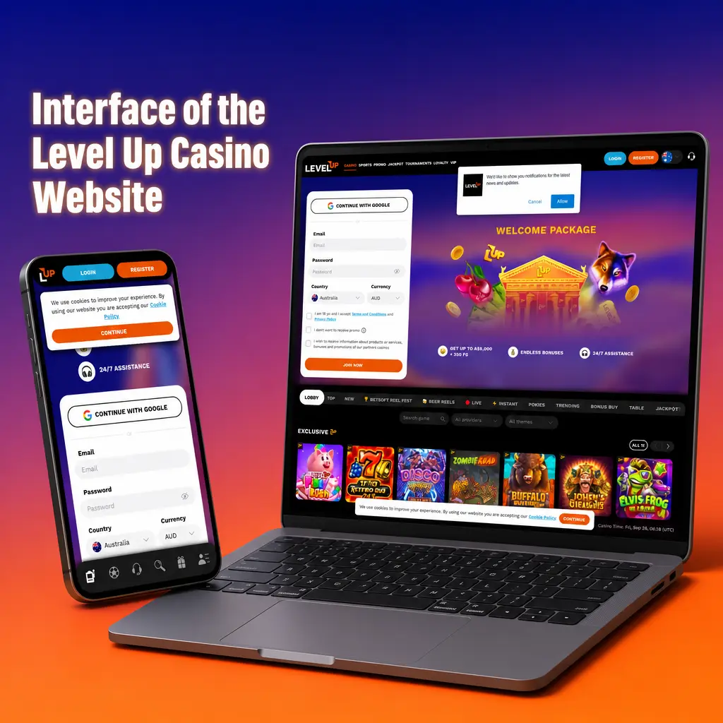 Level Up Casino website interface showing dark theme navigation bar with Sports, Casino, Live Casino and account balance
