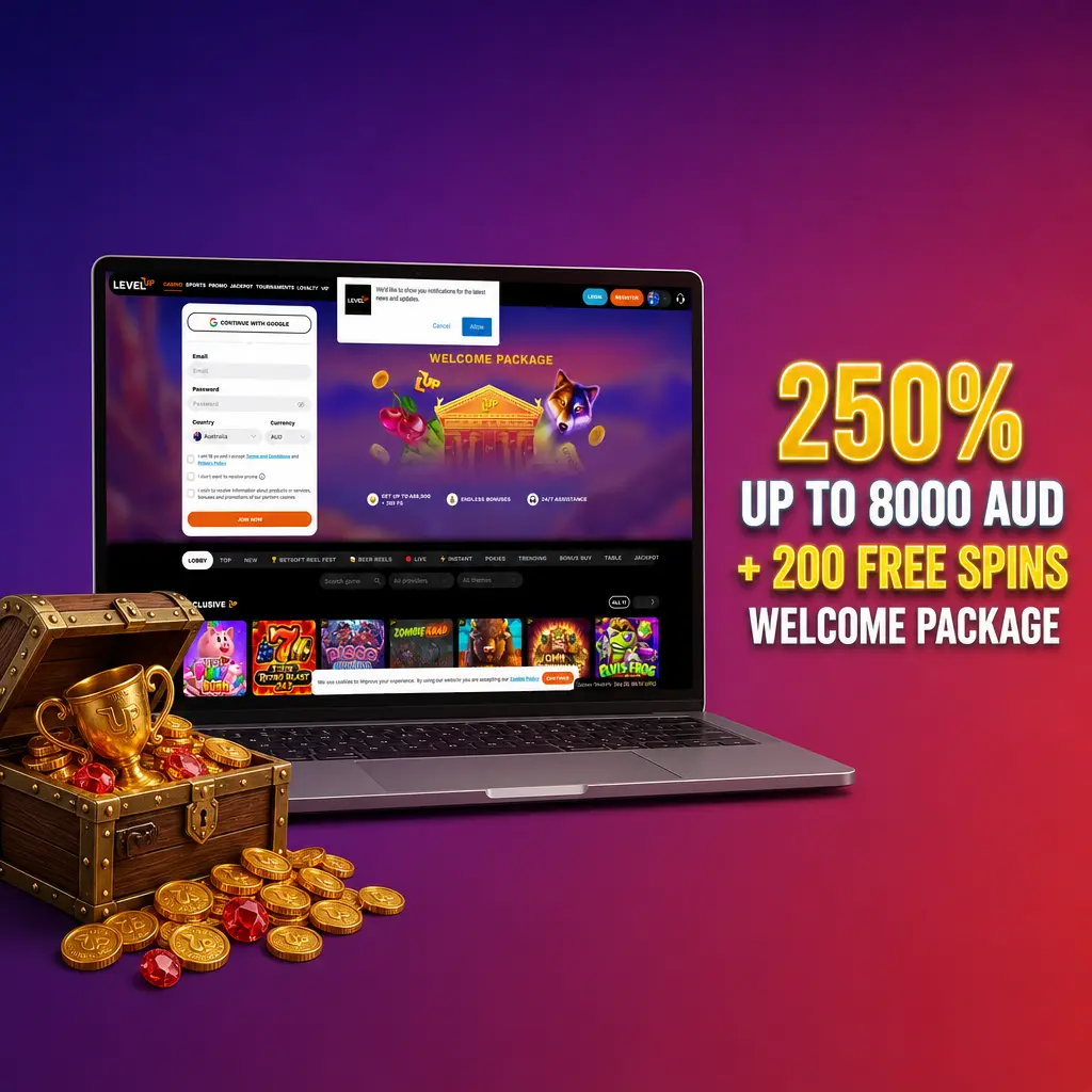 Level Up Casino welcome package: 250% up to 8000 AUD plus 200 free spins across four deposits