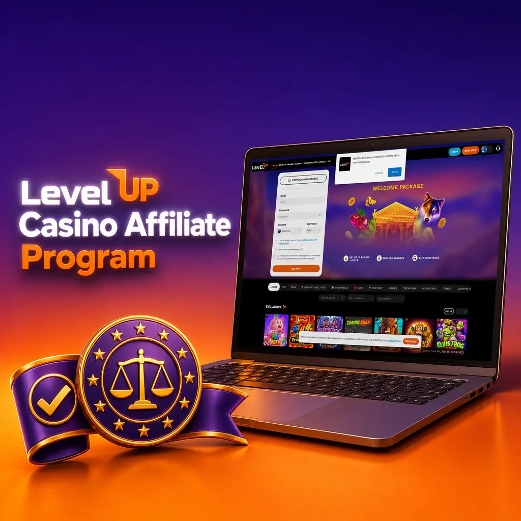 Level Up Casino affiliate program banner showing revenue share rates, tracking tools, and monthly payment options for partners