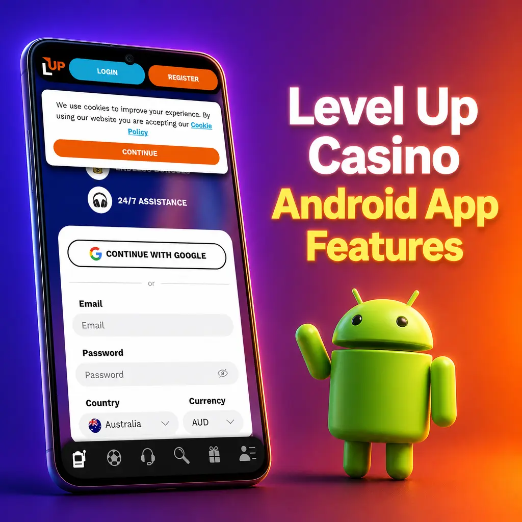 Level Up Casino Android app interface showing sports betting and casino game features on a mobile device