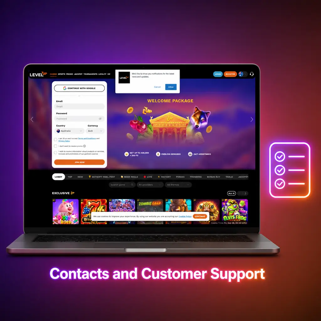 Level Up Casino 24/7 customer support options for Australian players: live chat, email, and Telegram contact icons