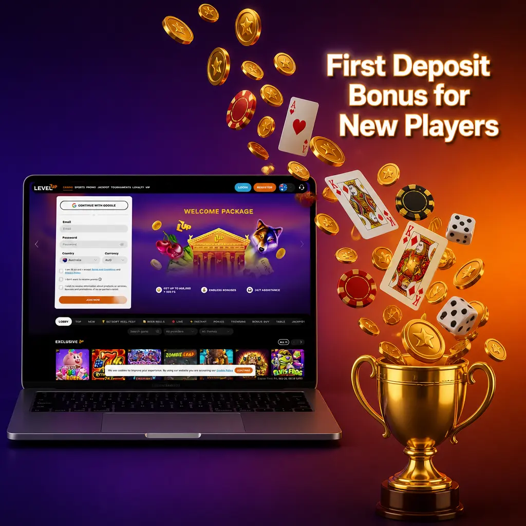 Level Up Casino first deposit bonus: 250% match up to 8,000 AUD plus 200 free spins for new players