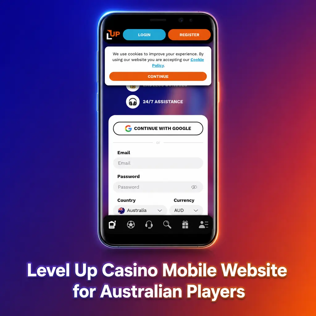 Level Up Casino mobile website on smartphone showing sports betting, slots, and live casino for Australian players