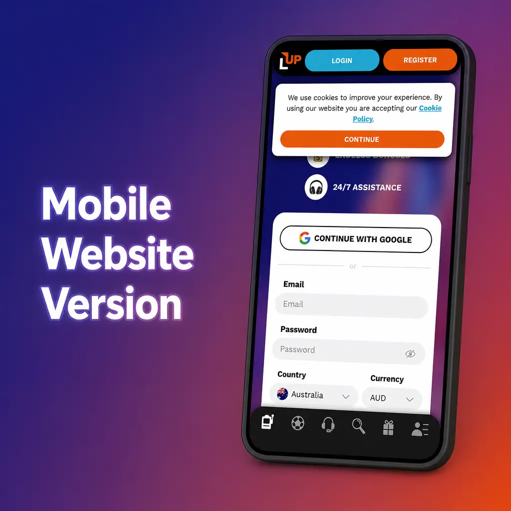 Level Up Casino mobile website on iOS and Android showing full sportsbook, slots, and casino games with no download needed