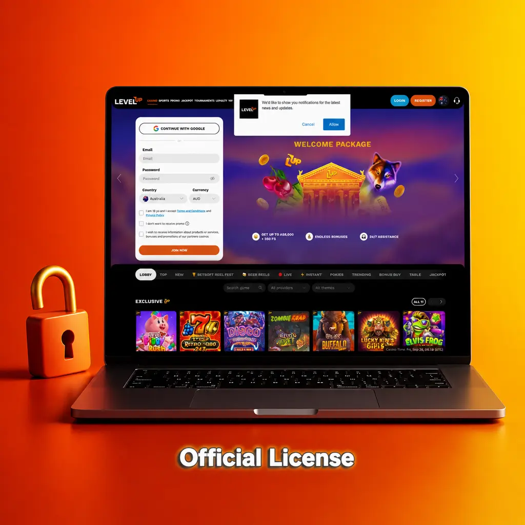 Level Up Casino's Curaçao Gaming Authority licence 365/JAZ, issued 2023, covering sportsbook and casino for Australian players