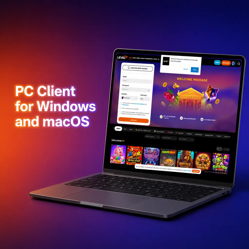 Level Up Casino website shown in a desktop browser, no Windows or macOS client needed to play