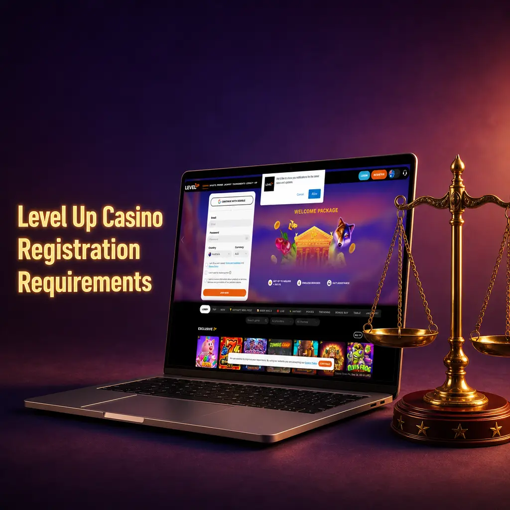 Level Up Casino registration requirements checklist showing age, residency, and ID verification rules for Australian players
