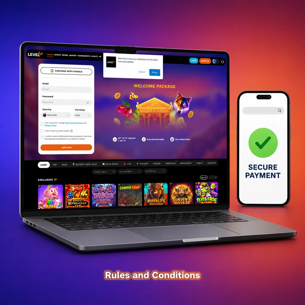Level Up Casino rules and conditions covering registration, wagering requirements, identity verification, and account policies