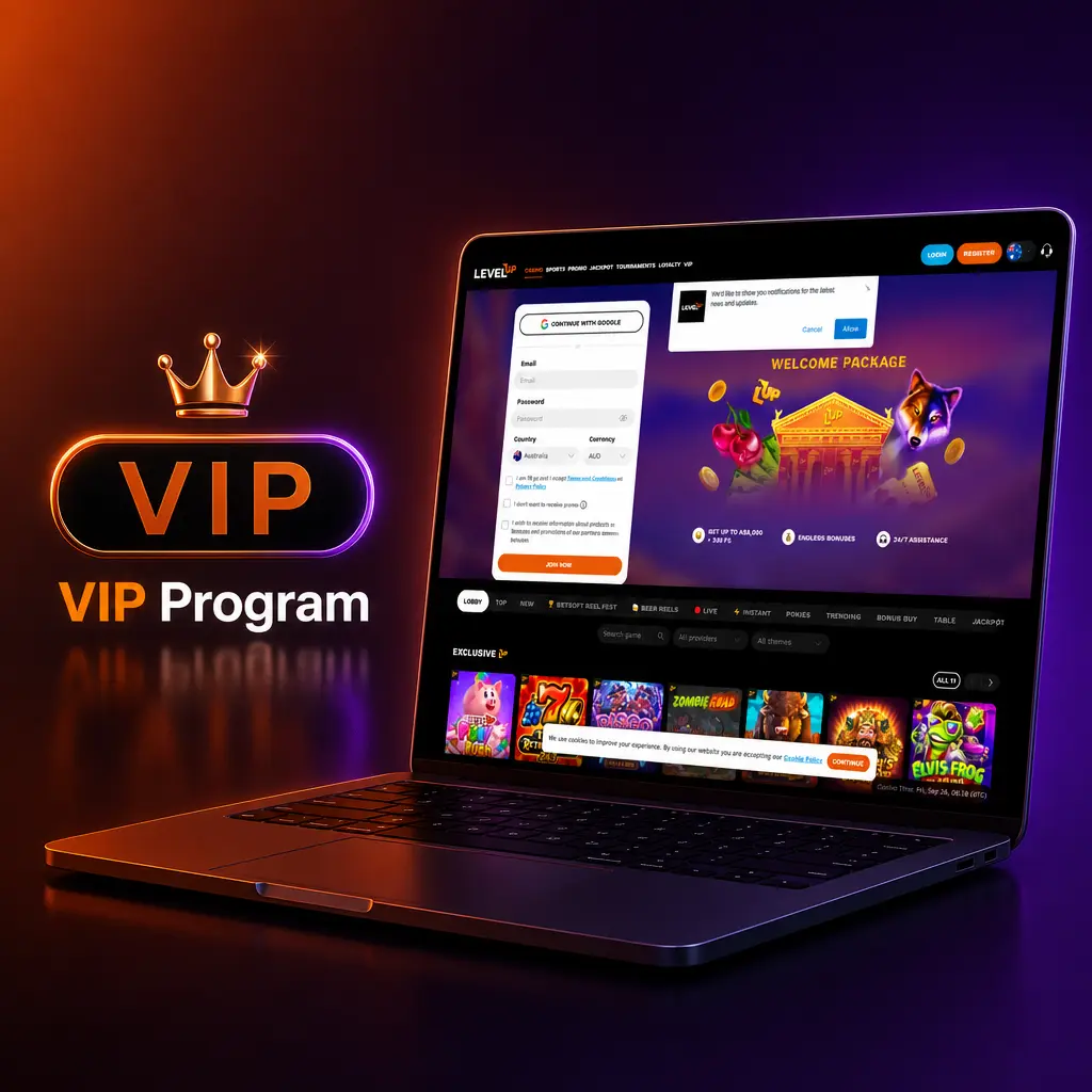 Level Up Casino VIP program showing five tiers from Bronze to Diamond with cashback and withdrawal perks