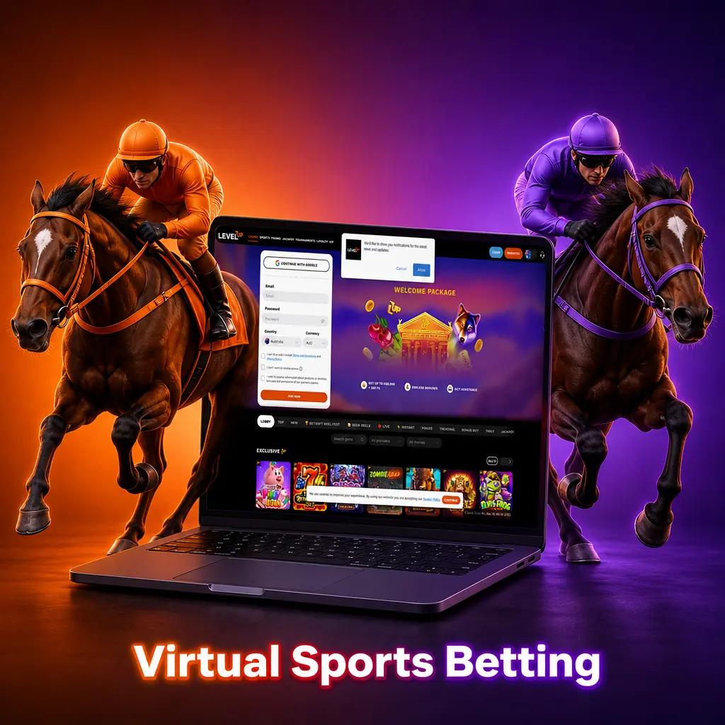 Virtual sports betting at Level Up Casino featuring virtual football, horse racing, greyhound racing and tennis with instant results