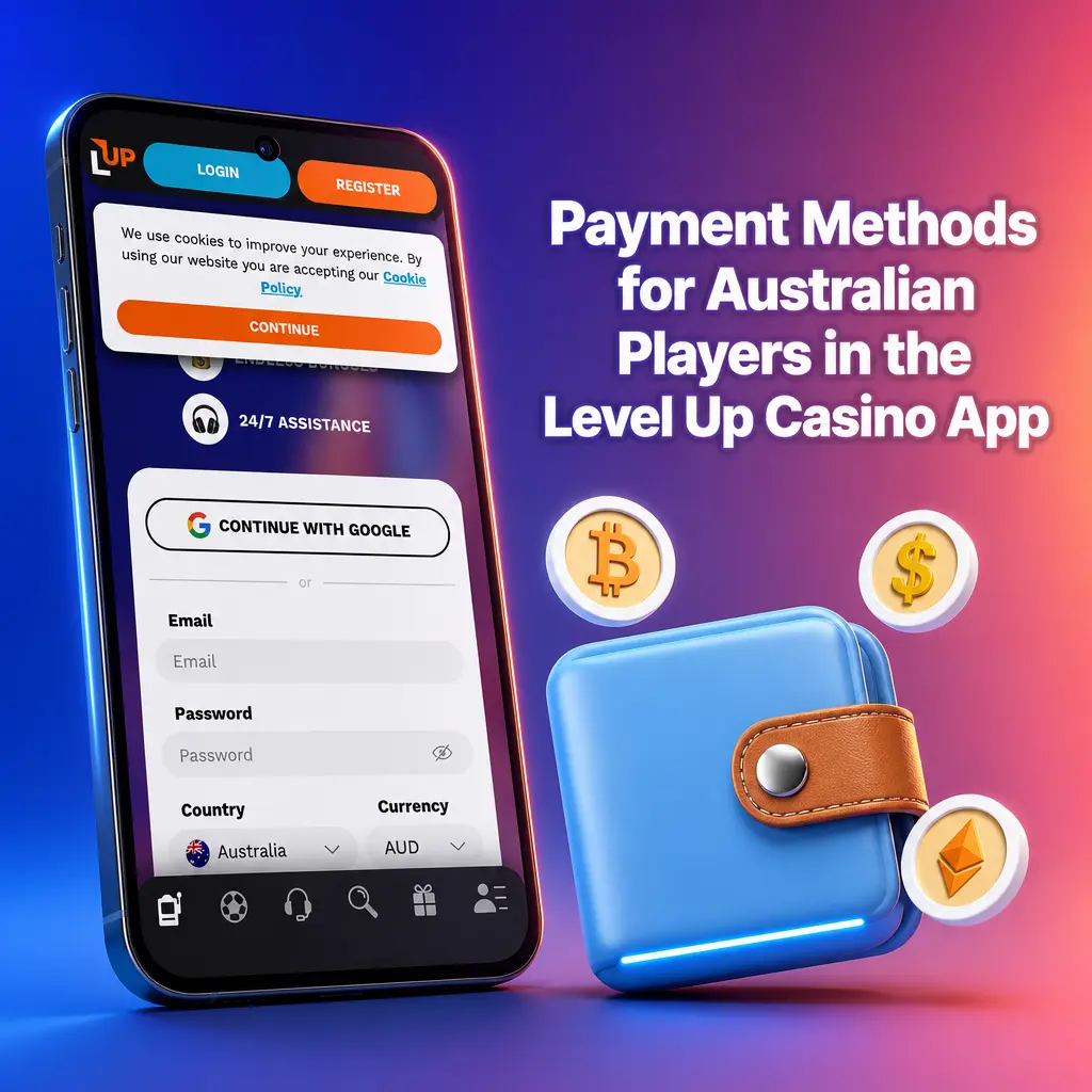 Payment methods available in the Level Up Casino app for Australian players, including Visa, crypto, PayID, and e-wallets