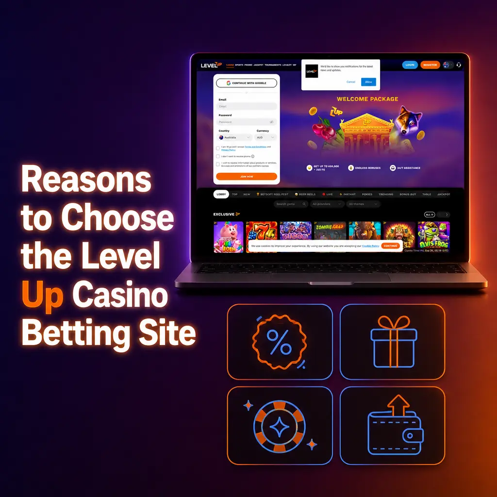 Level Up Casino betting site with 4,000+ games, AFL/NRL/cricket odds, AUD payments, and a 250% welcome bonus up to 8000 AUD.