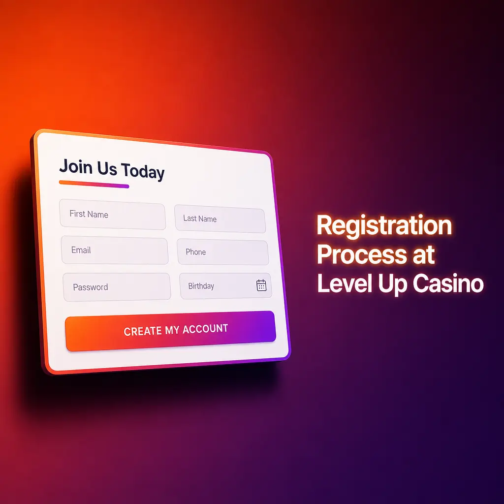Step-by-step registration guide for Level Up Casino showing sign-up, verification, and first deposit to claim welcome bonus
