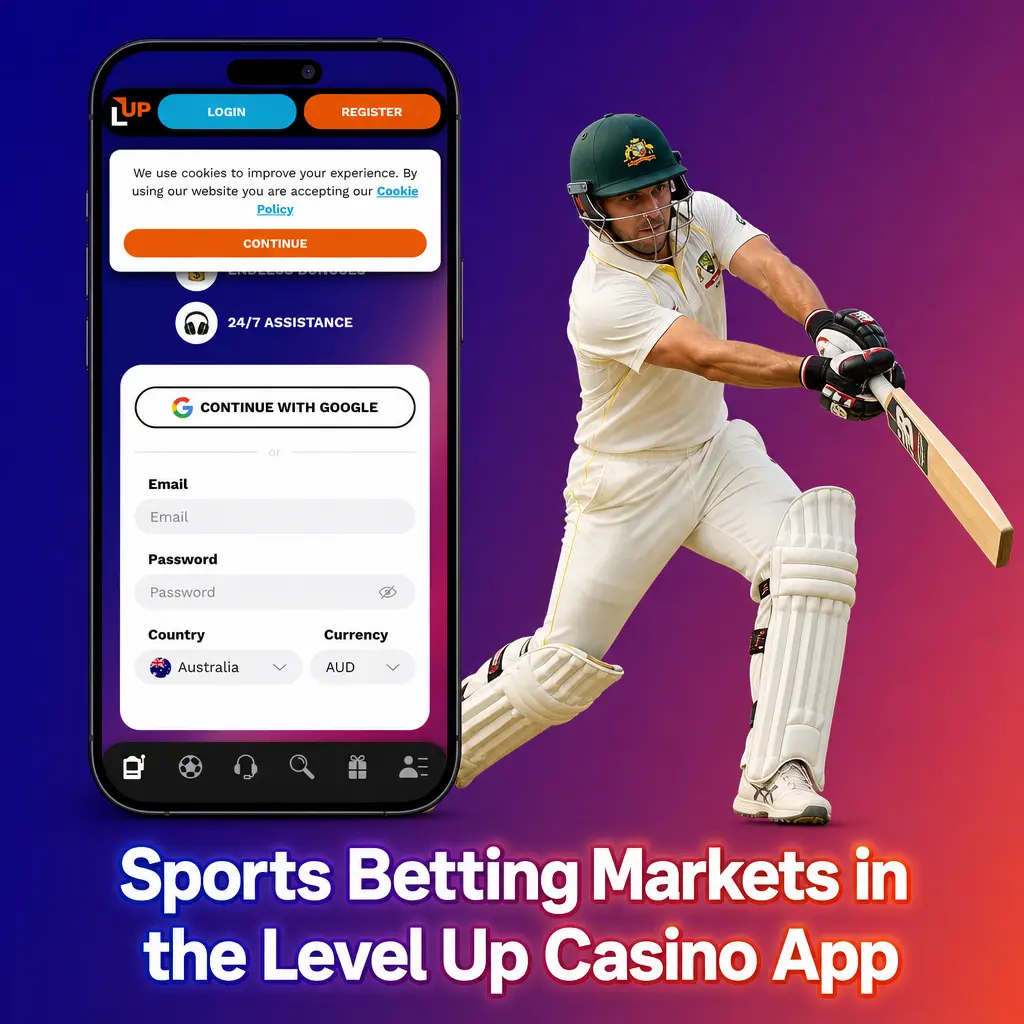 Level Up Casino app sports betting markets showing live odds, stats, and streaming for AFL, NRL, cricket, soccer, and more.